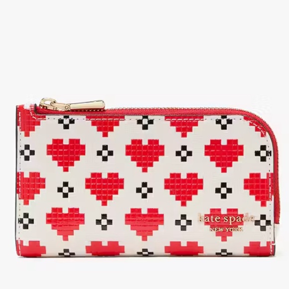 KATE SPADE Red and White Devin Pixel Hearts Small Slim Bifold Wallet NWT - Picture 1 of 7